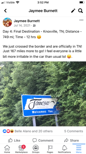 Facebook post on July 14, 2021 when we finally made it to Tennessee after our 4 day journey from California.