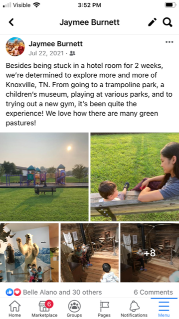 Facebook on post on July 22, 2021 when we stuck staying in hotels for three weeks. We made the best of it and visited parks in Tennessee.