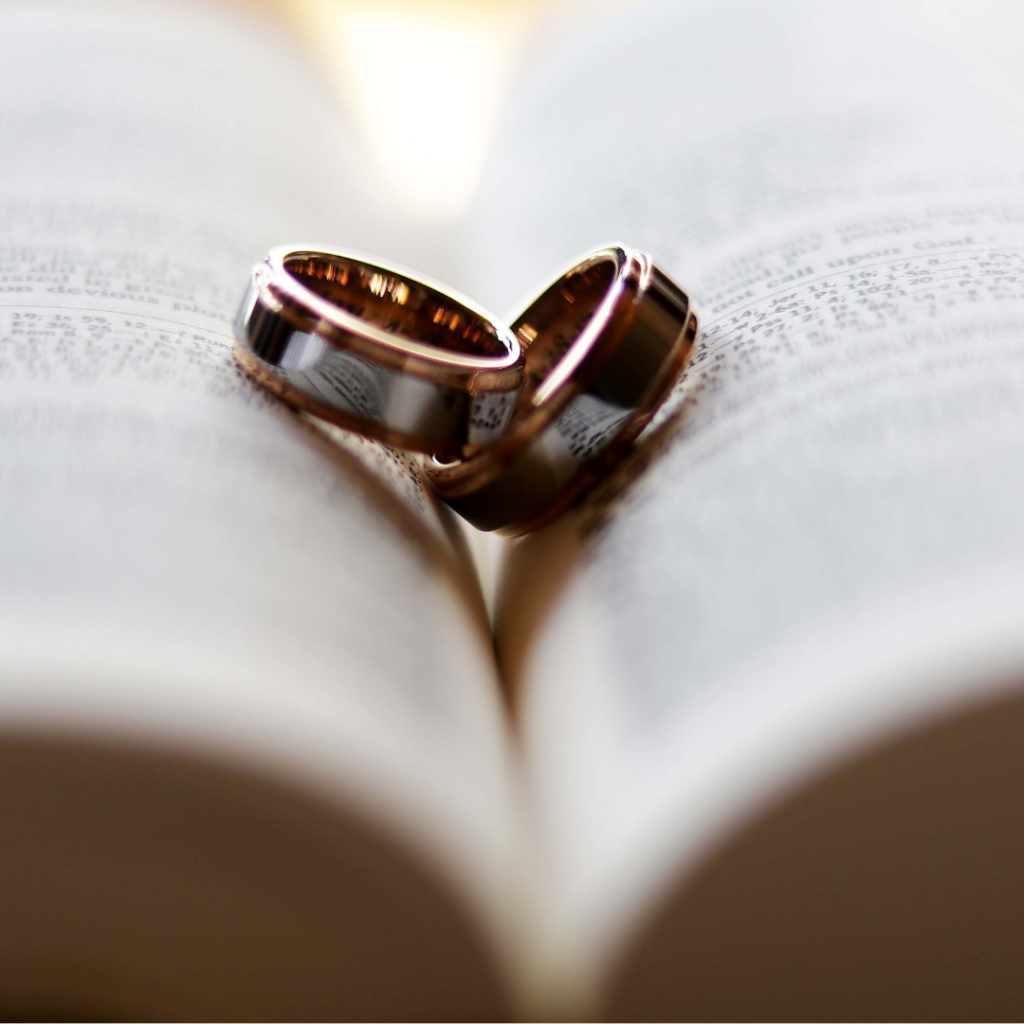 Wedding bands on the Bible. God wrote the love story of Isaac and Rebekah from the Bible.